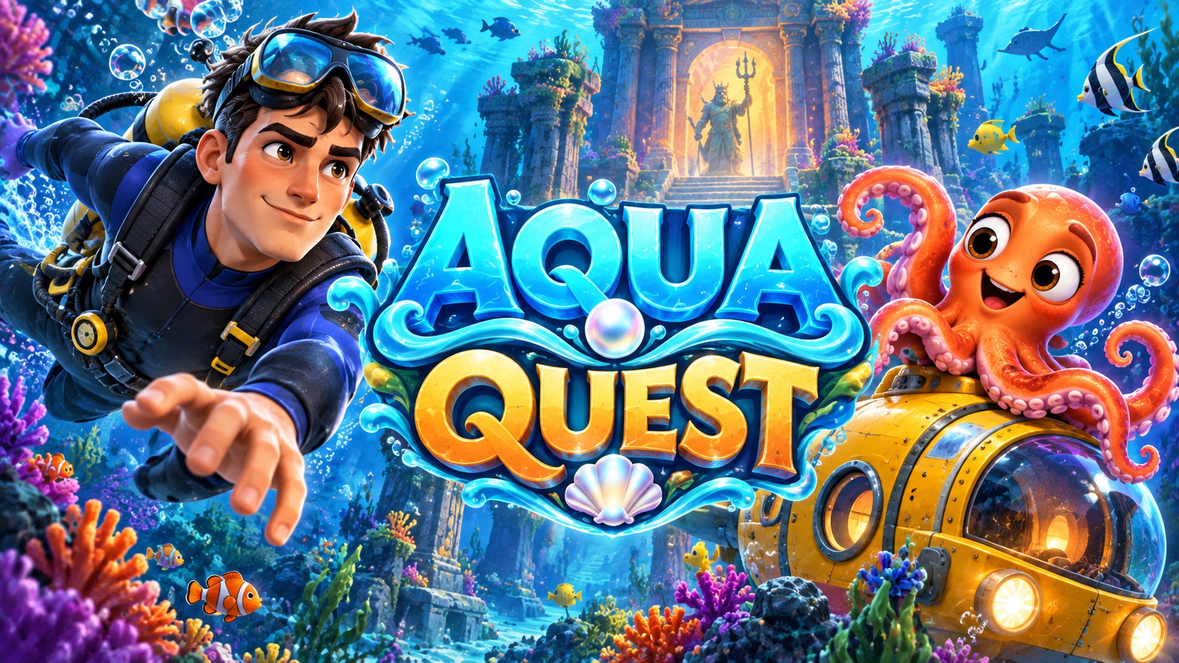 Couverture cartoon de Aqua Quest avec le logo au centre