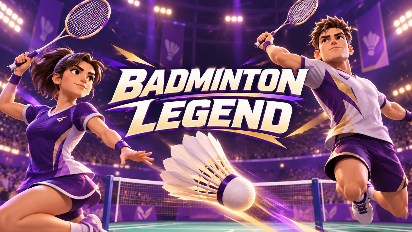 Logo Badminton Legend centré entre deux joueurs cartoon avec un volant dans une salle violette