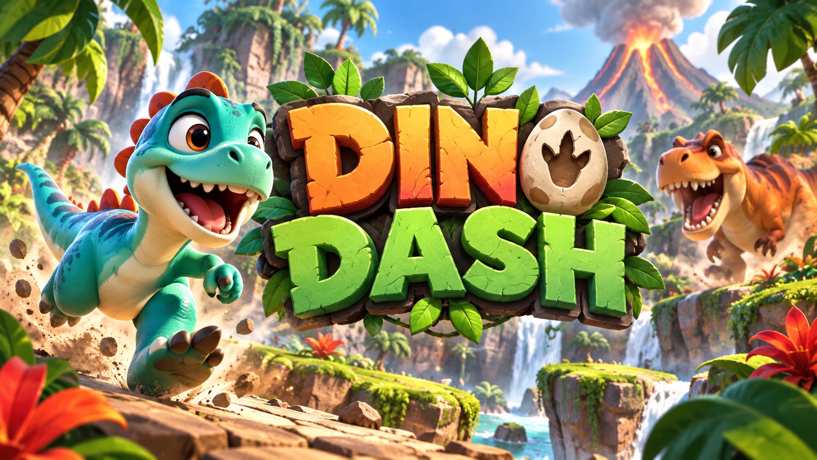 Couverture cartoon de Dino Dash avec le logo au centre
