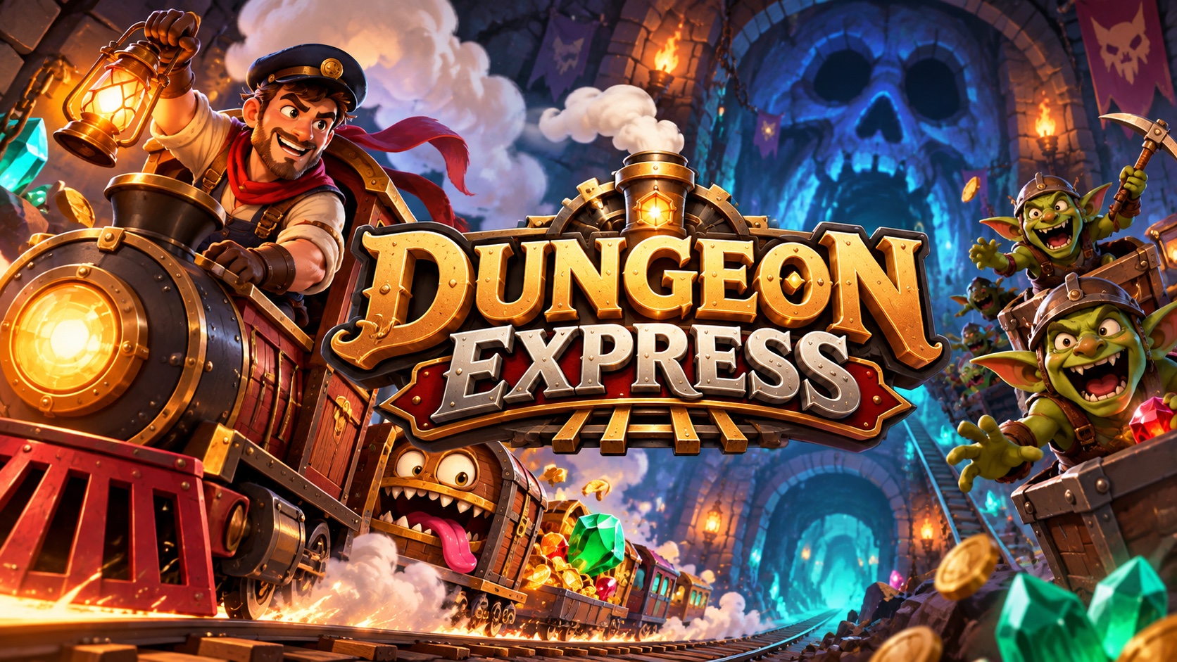Couverture cartoon de Dungeon Express avec le logo au centre