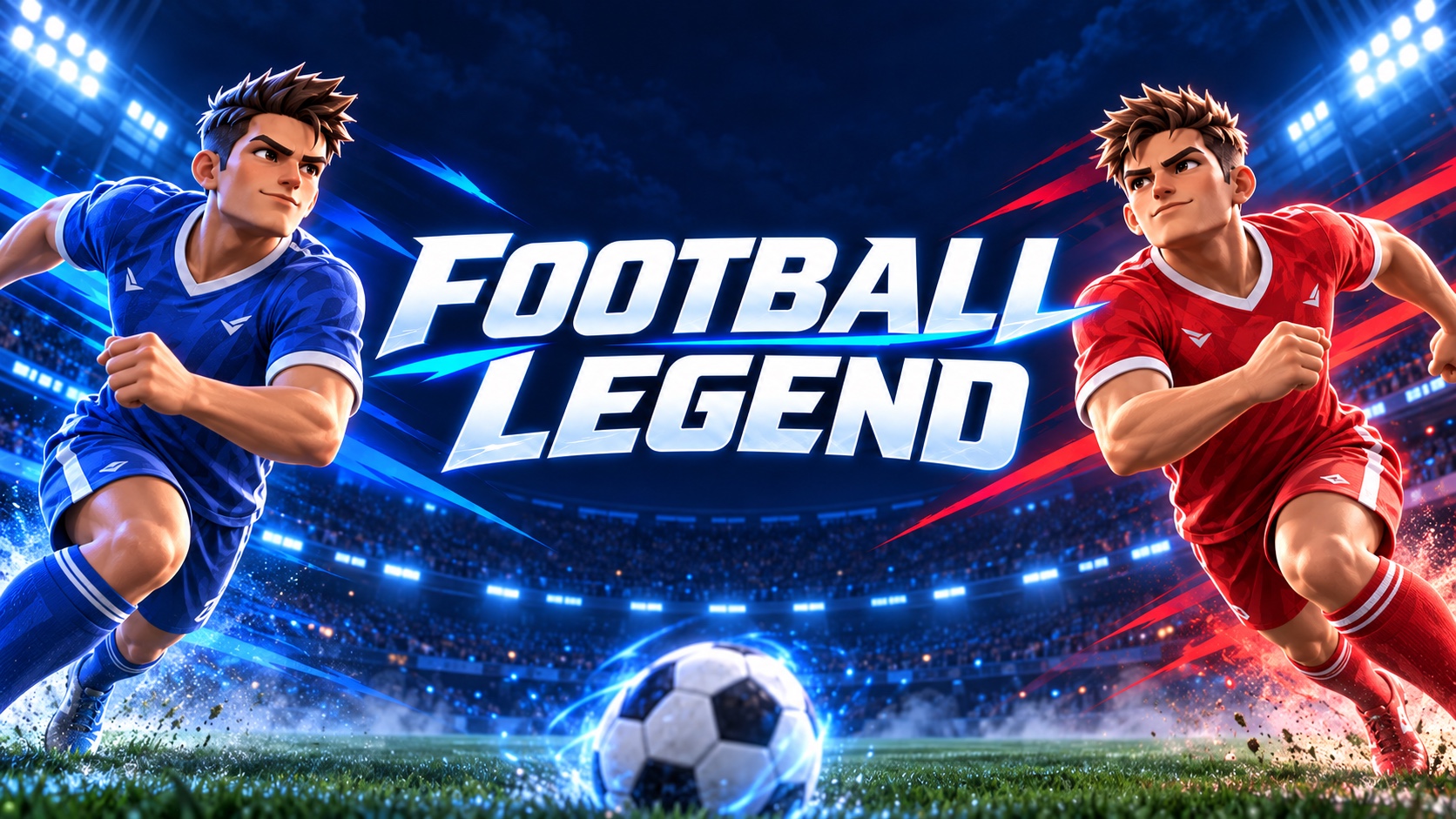 Logo Football Legend centré entre deux joueurs dans un stade nocturne