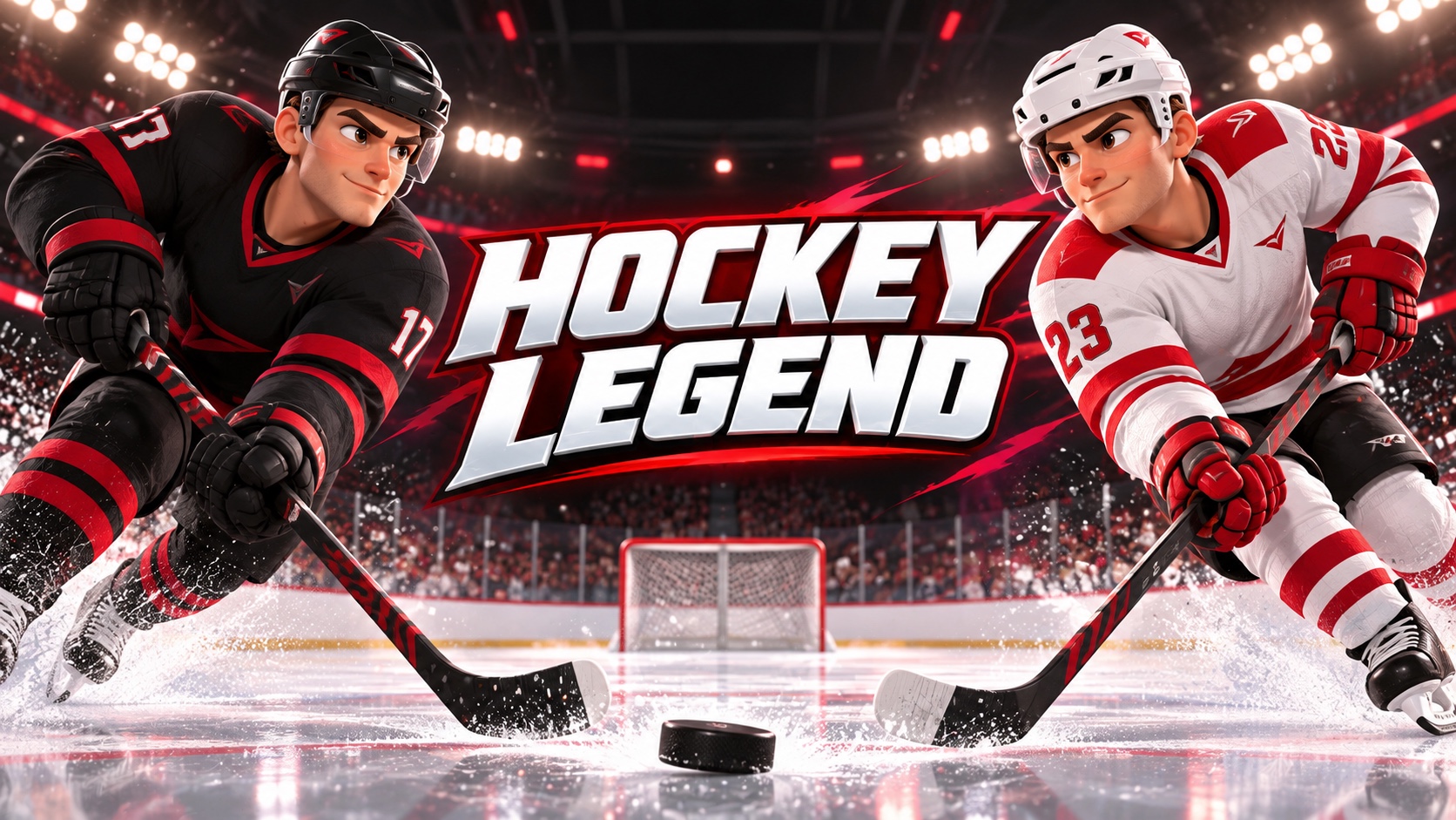 Logo Hockey Legend centré entre deux joueurs cartoon en rouge et noir sur une patinoire