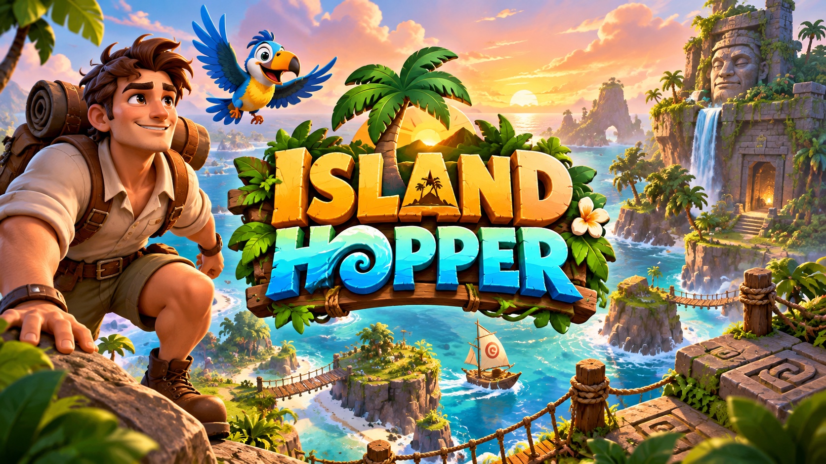 Couverture cartoon de Island Hopper avec le logo au centre