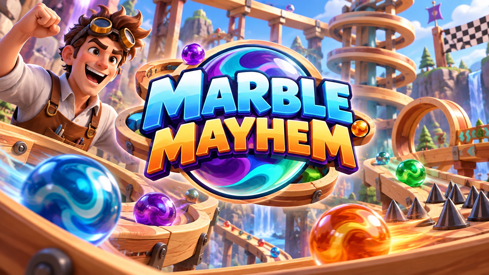 Couverture cartoon de Marble Mayhem avec le logo au centre
