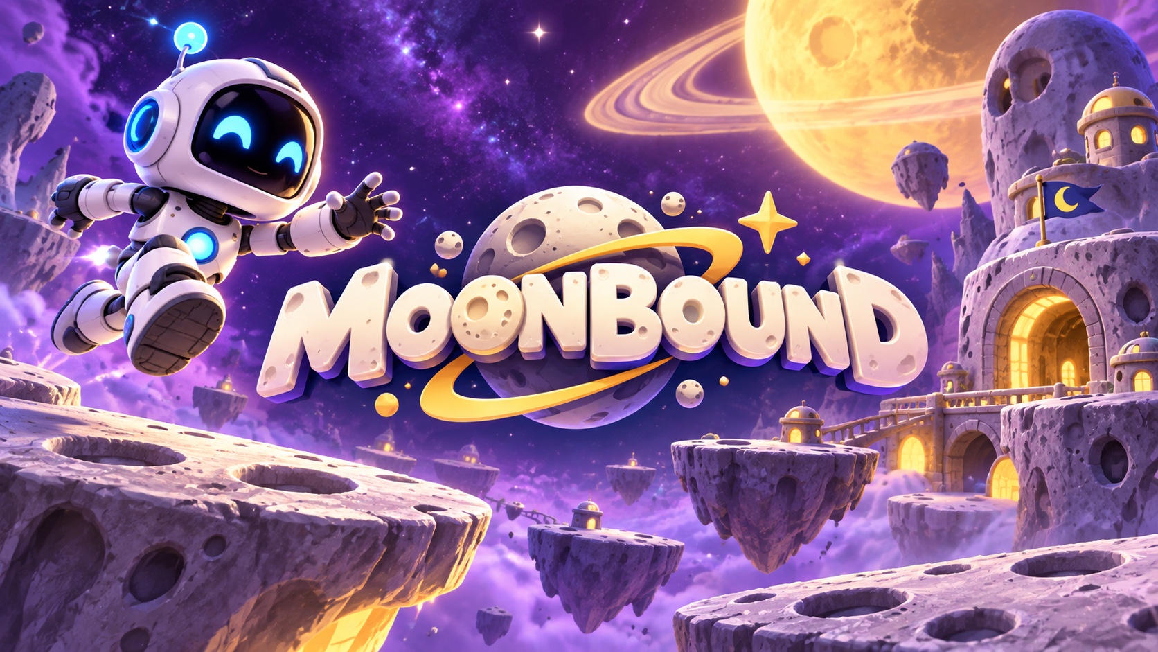 Couverture cartoon de Moonbound avec le logo au centre