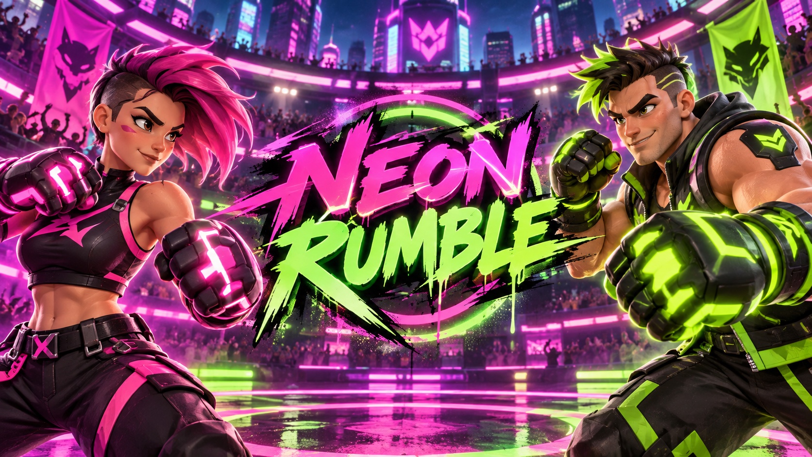 Couverture cartoon de Neon Rumble avec le logo au centre
