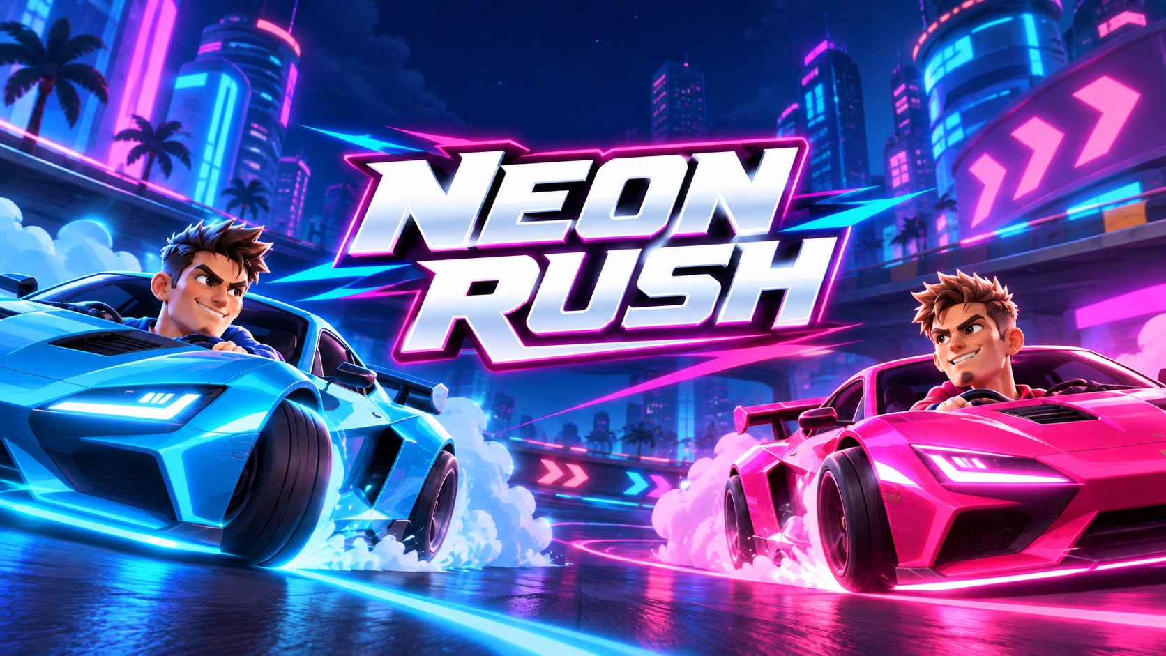 Logo Neon Rush centré entre deux voitures dans une ville de néons