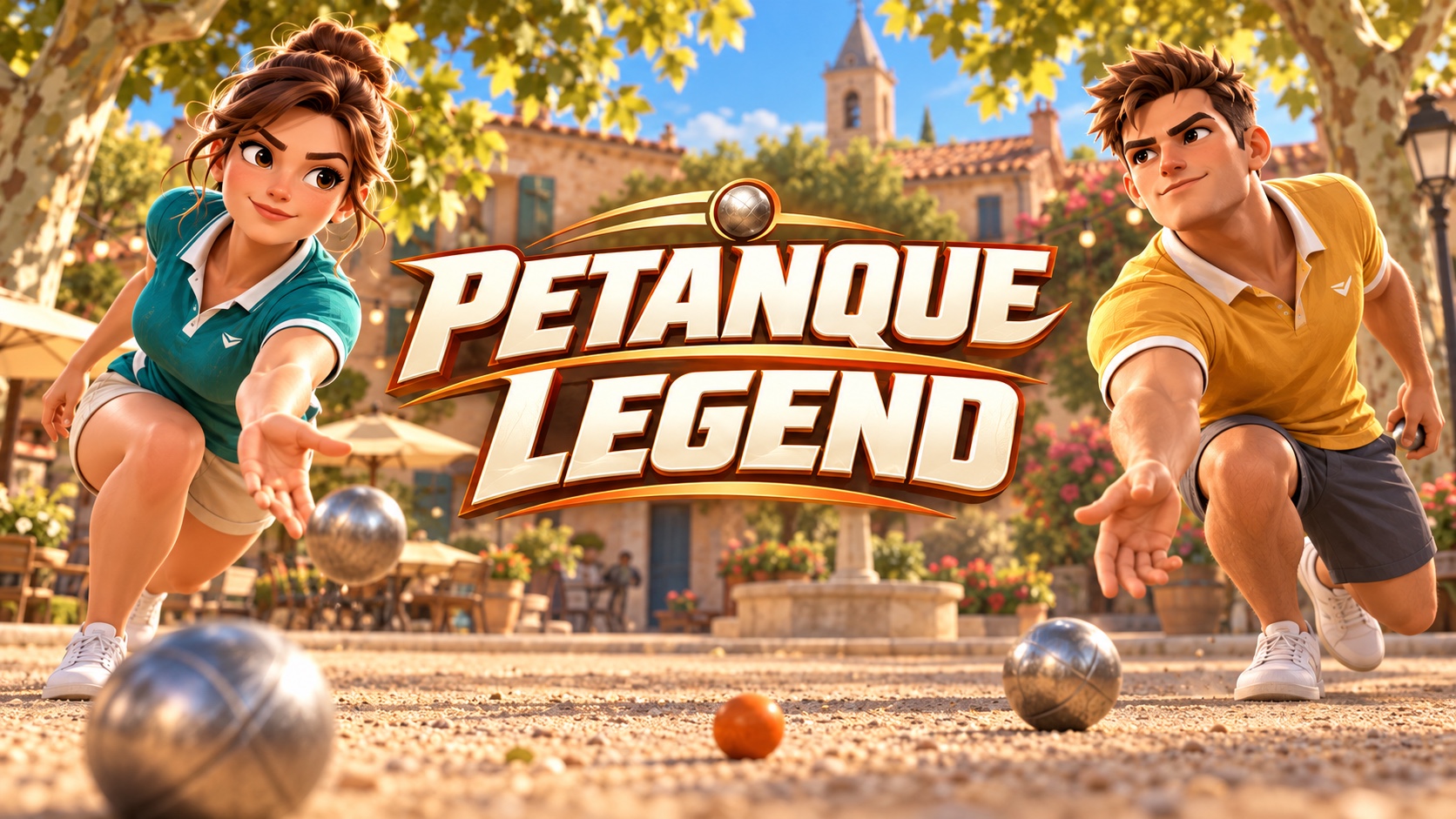 Logo Petanque Legend centré entre deux joueurs cartoon sur un boulodrome ensoleillé