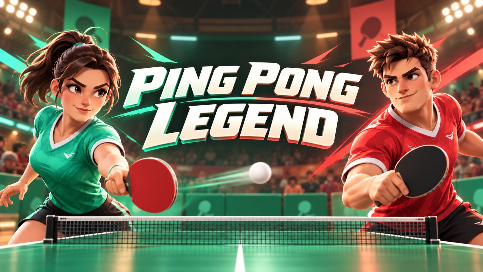 Logo Ping Pong Legend centré entre deux joueurs cartoon et une table de ping-pong