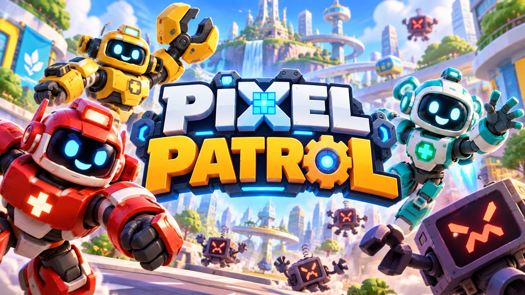 Couverture cartoon de Pixel Patrol avec le logo au centre