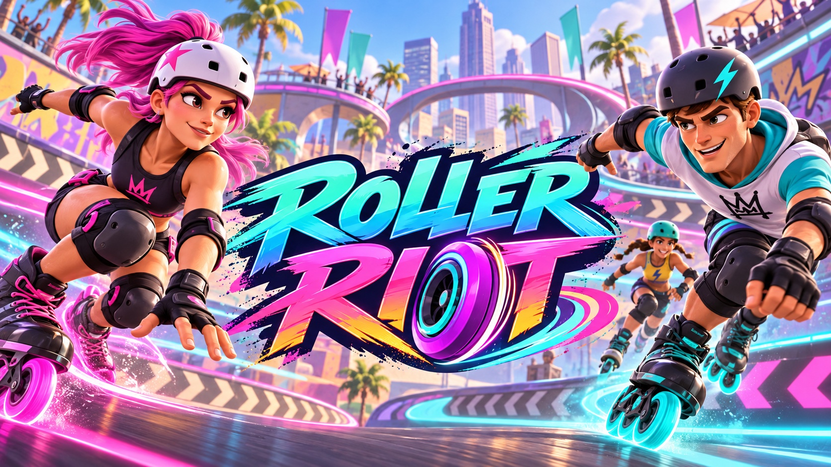 Couverture cartoon de Roller Riot avec le logo au centre