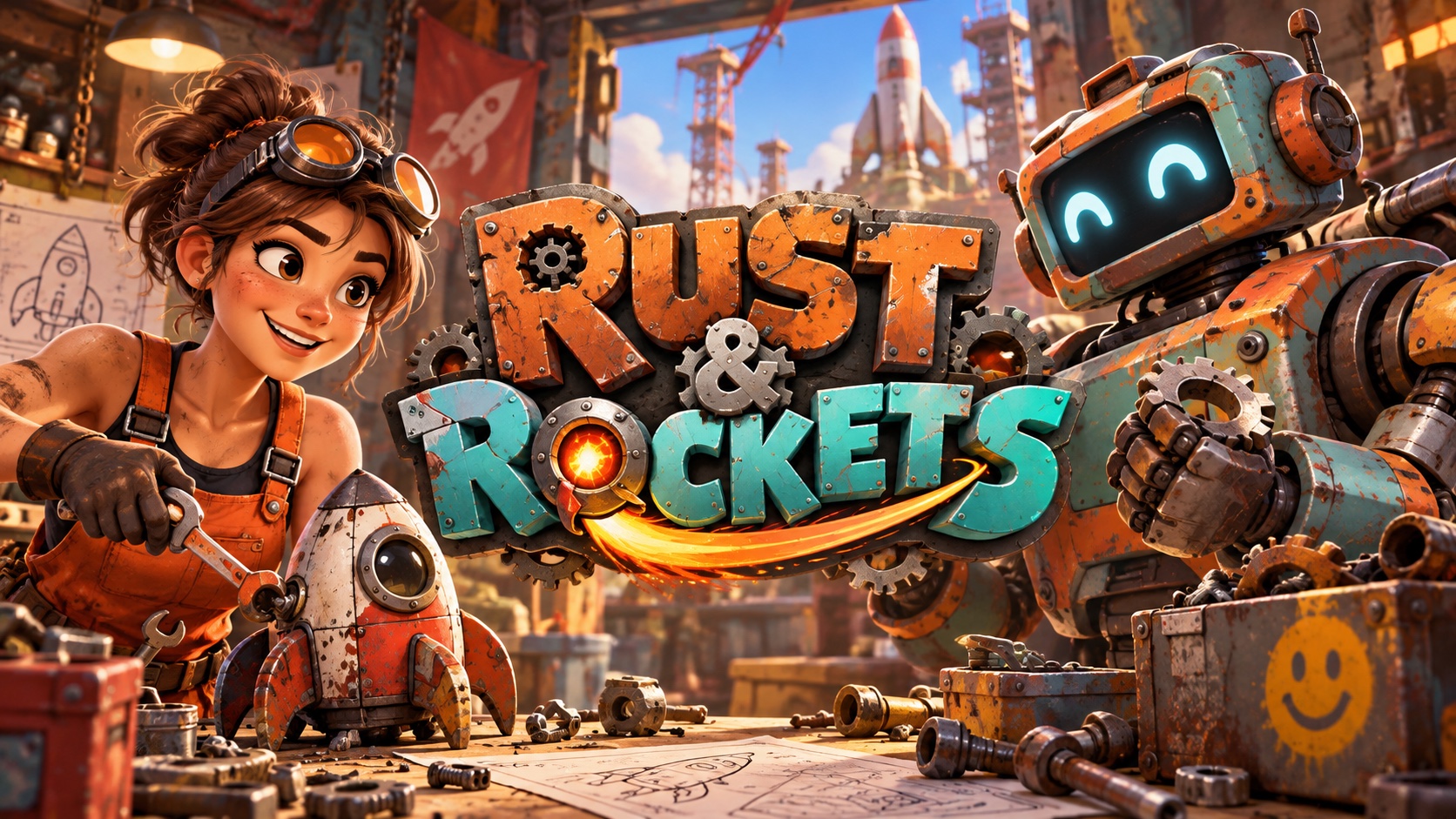 Couverture cartoon de Rust & Rockets avec le logo au centre