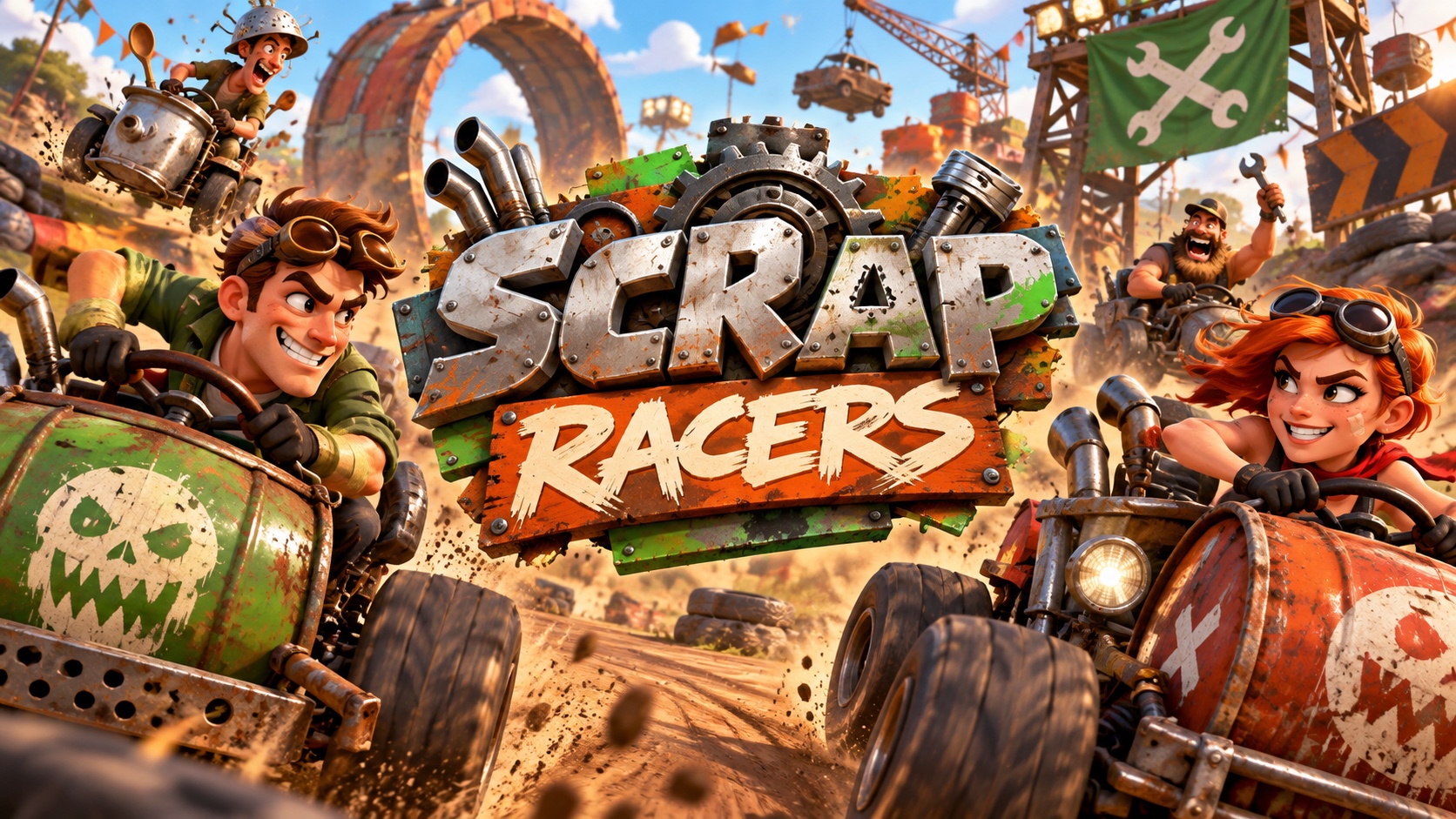 Couverture cartoon de Scrap Racers avec le logo au centre