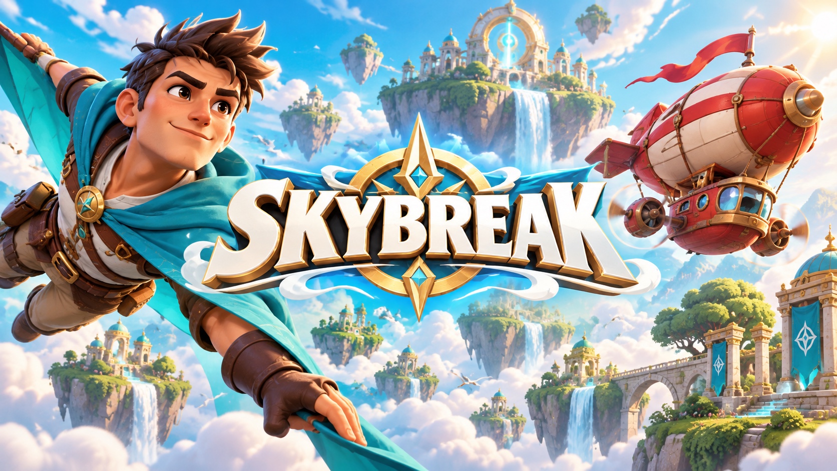 Logo Skybreak centré au milieu d’îles flottantes et d’un dirigeable