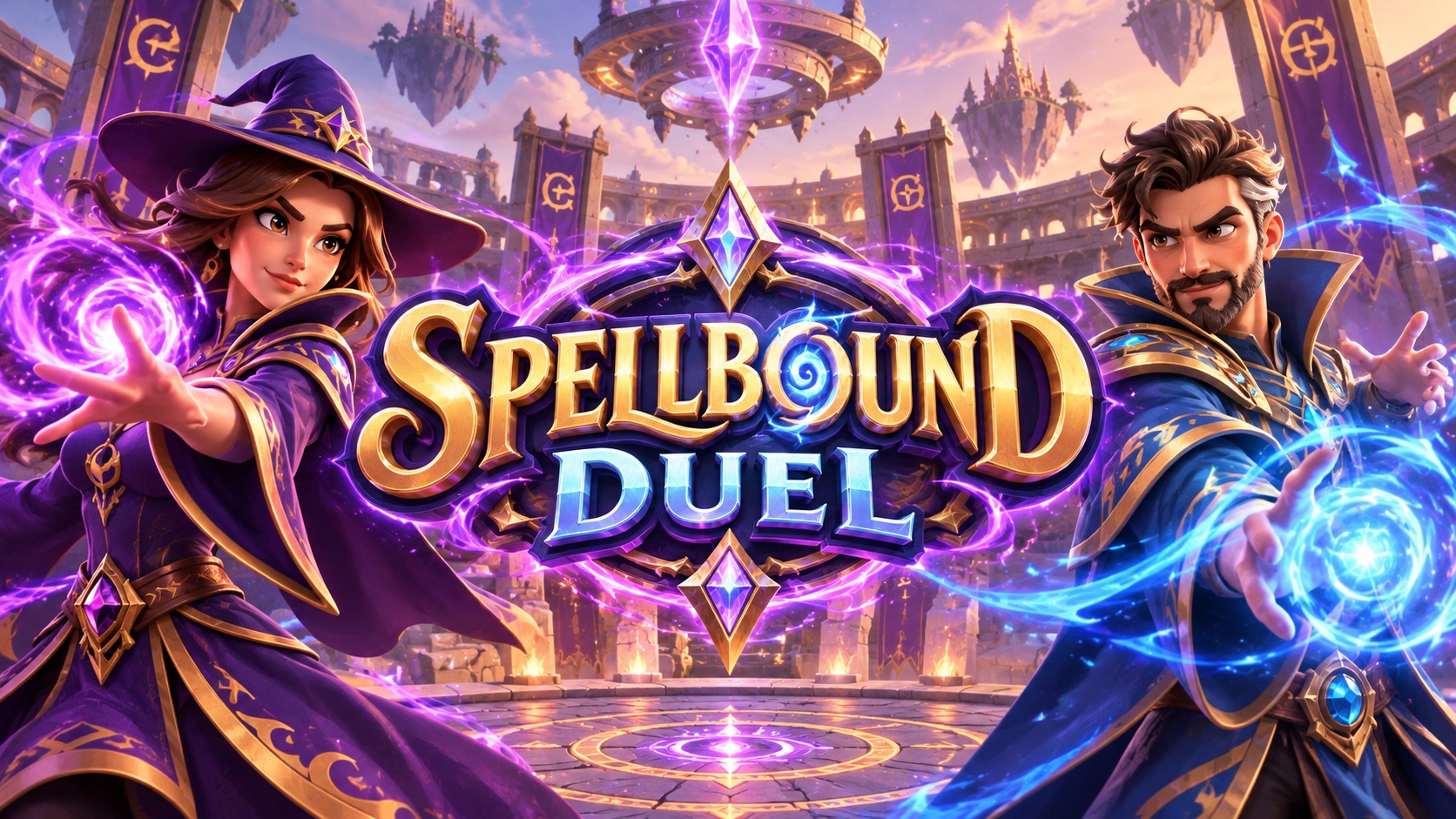 Couverture cartoon de Spellbound Duel avec le logo au centre