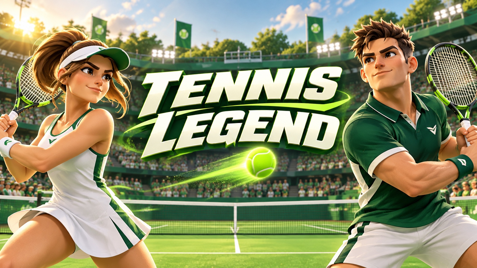 Logo Tennis Legend centré entre deux joueurs cartoon sur un court vert