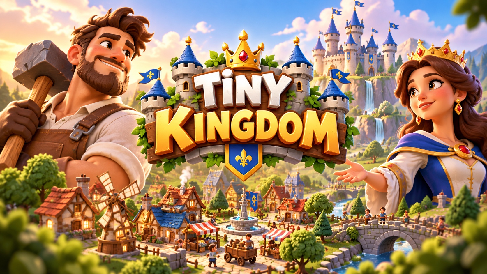 Couverture cartoon de Tiny Kingdom avec le logo au centre