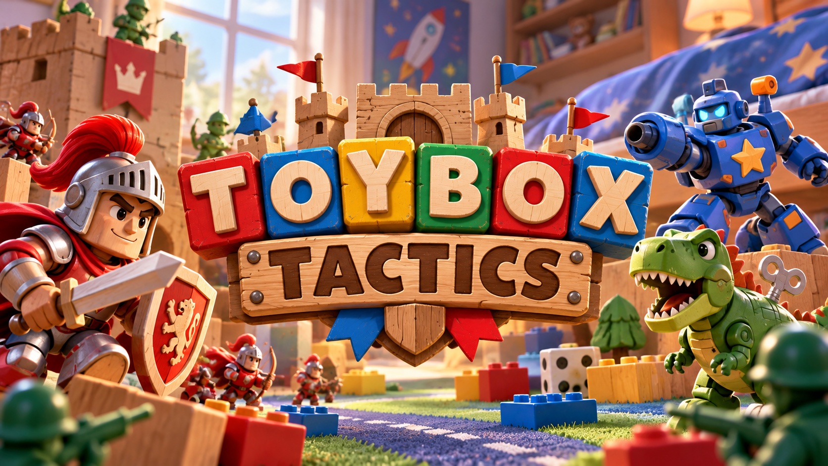 Couverture cartoon de Toybox Tactics avec le logo au centre