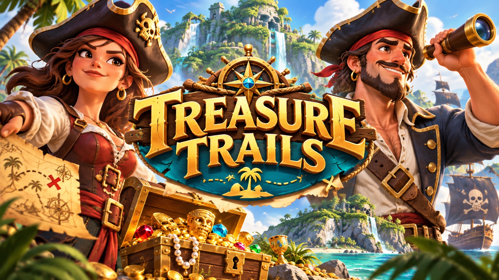 Couverture cartoon de Treasure Trails avec le logo au centre