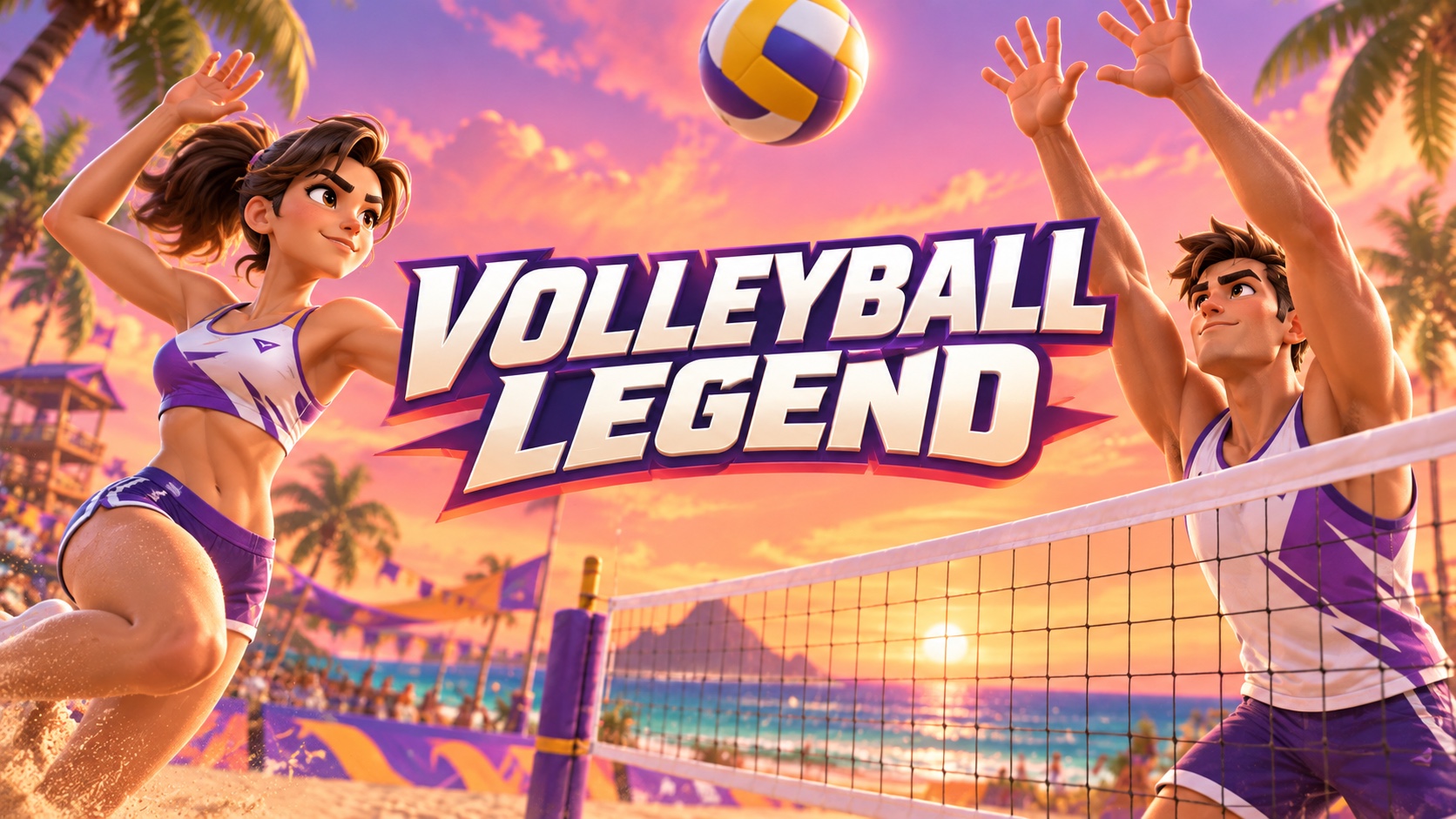 Logo Volleyball Legend centré sur un terrain de beach-volley cartoon au coucher du soleil