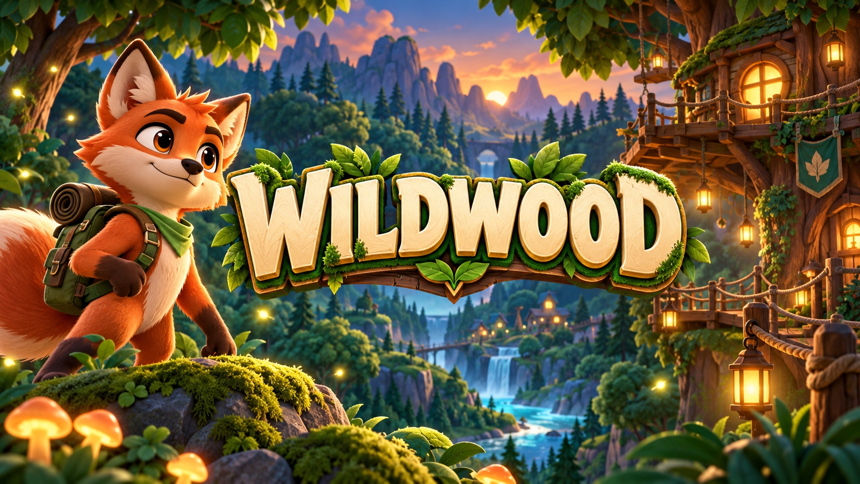 Logo Wildwood centré dans une forêt magique avec un renard explorateur